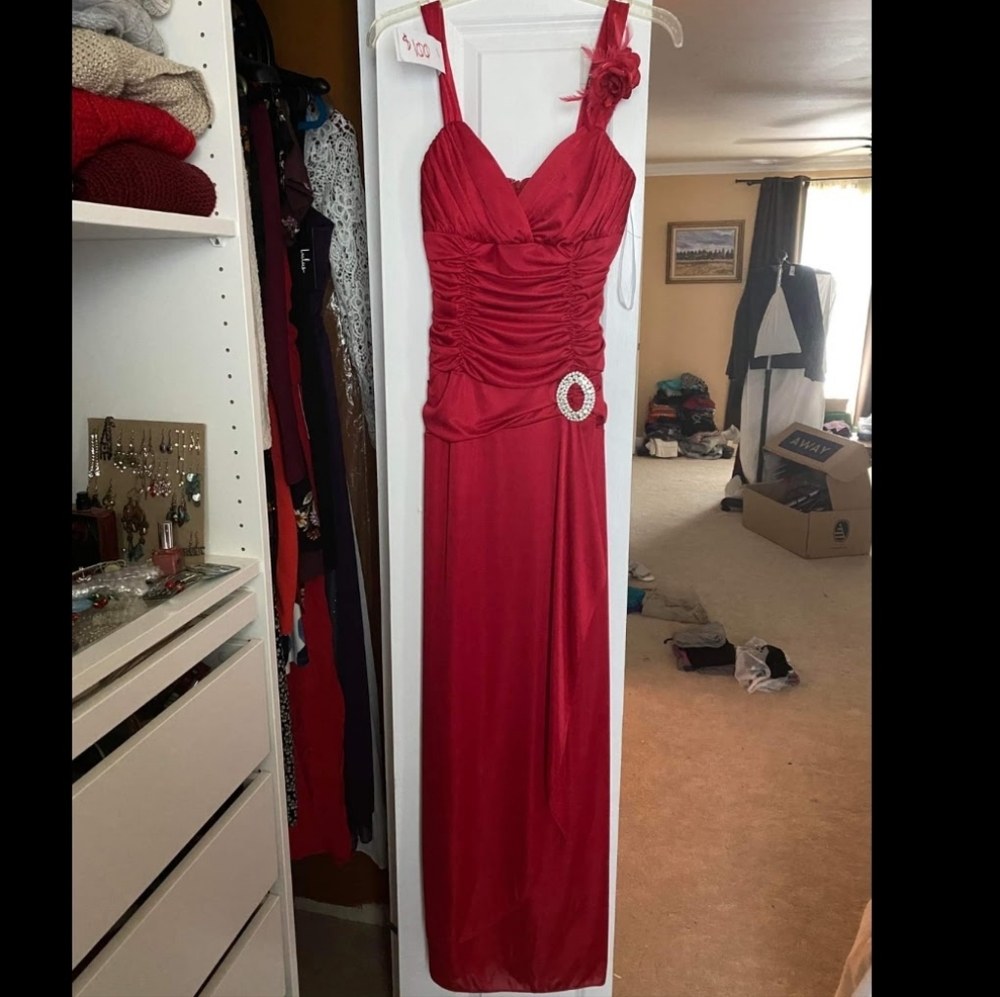 Red Satin Floor Length Formal Gown